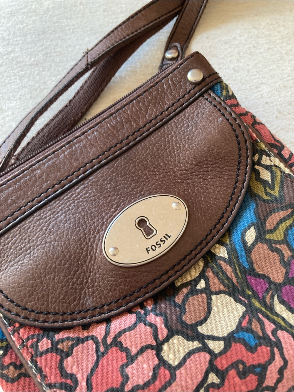 Fossil Brown Floral Canvas Leather Crossbody
